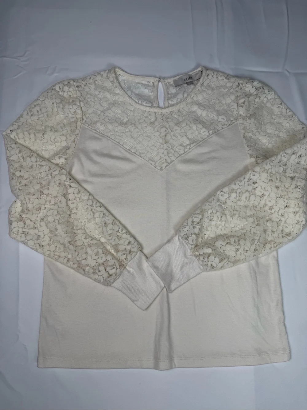 LOFT Cream Lace-Inset Long Sleeve Top - Elevated Style -Medium